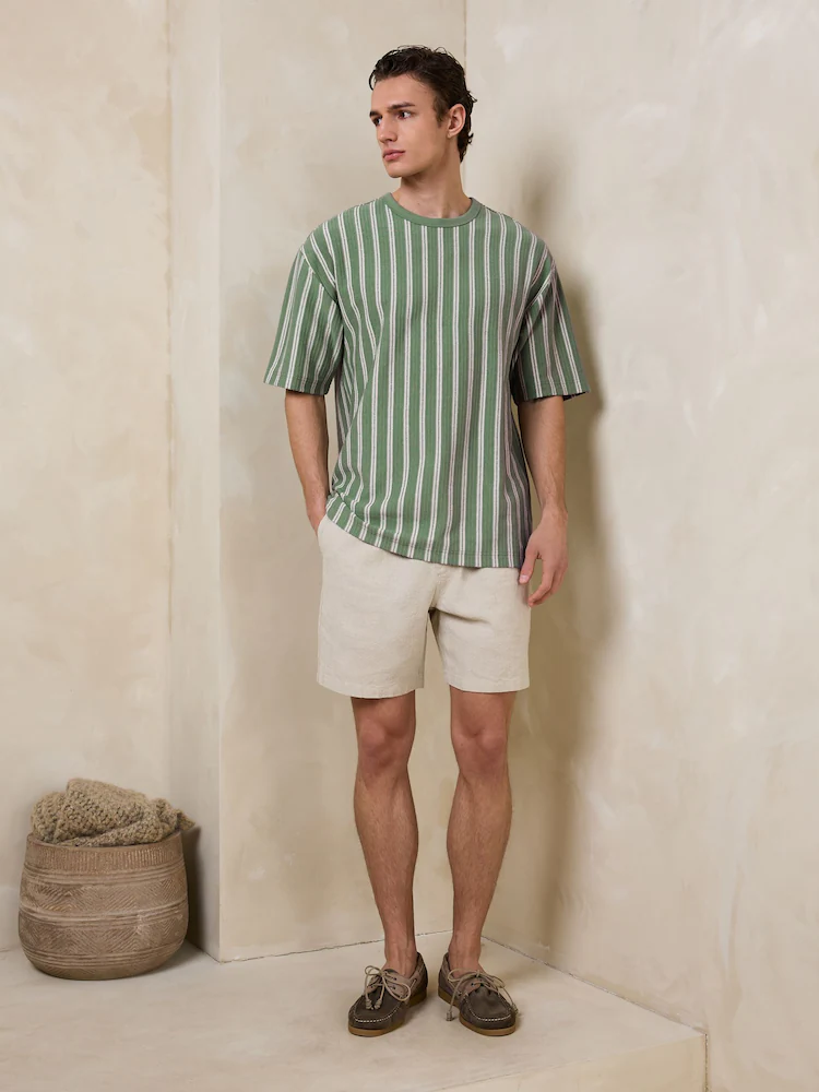 Men's T-Shirt Green and Cream Vertical Stripe — gallery image